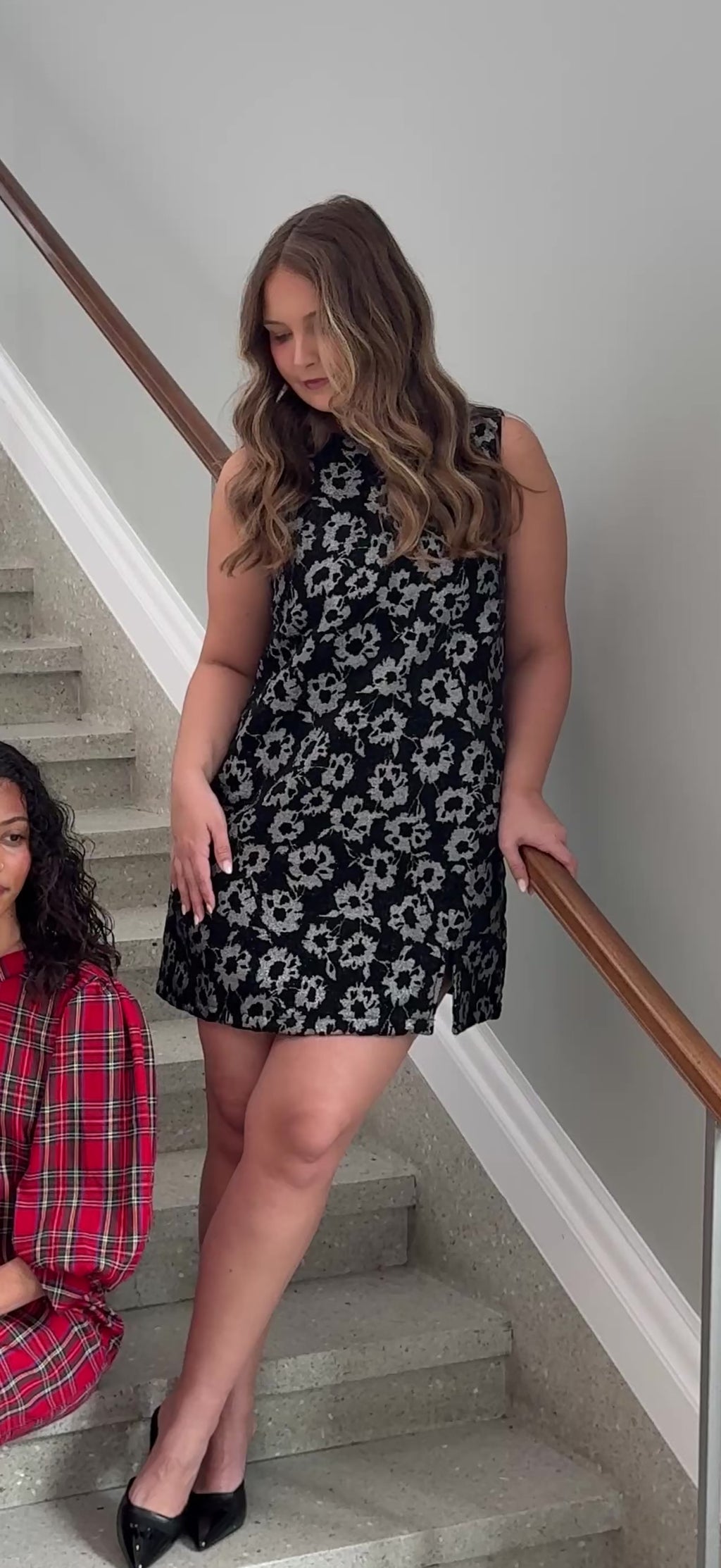 FRNCH Alicia Black Metallic Floral Jacquard Mini Dress