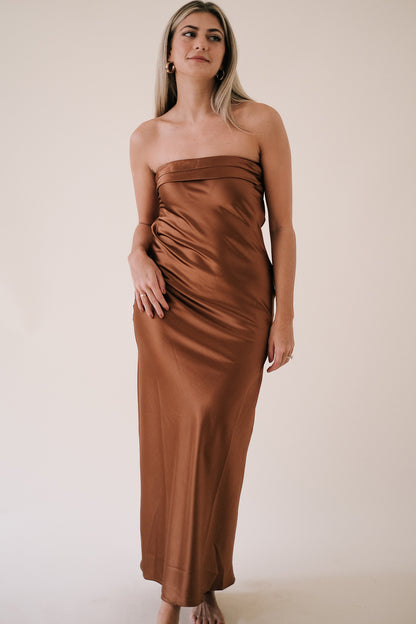 Yasmin Satin Strapless Cowl Drop Back Midi Dress (Copper)