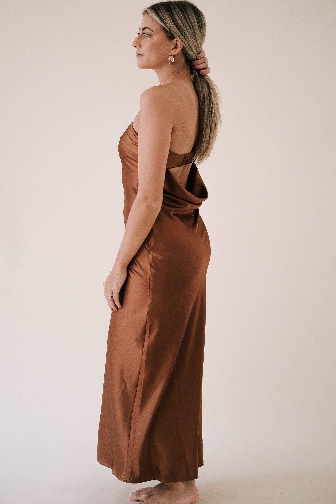 Yasmin Satin Strapless Cowl Drop Back Midi Dress (Copper)