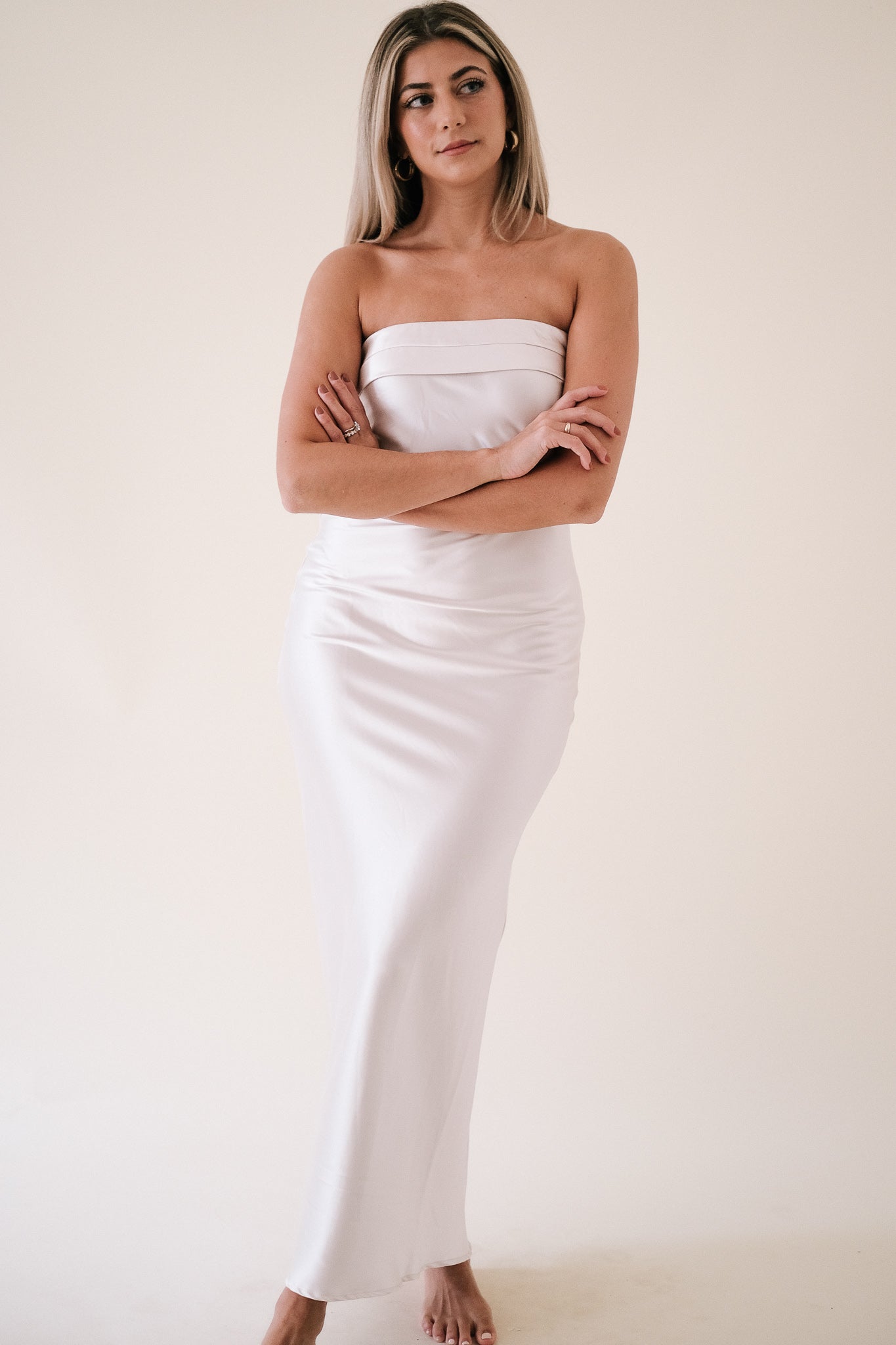 Yasmin Satin Strapless Cowl Drop Back Midi Dress (Ivory)