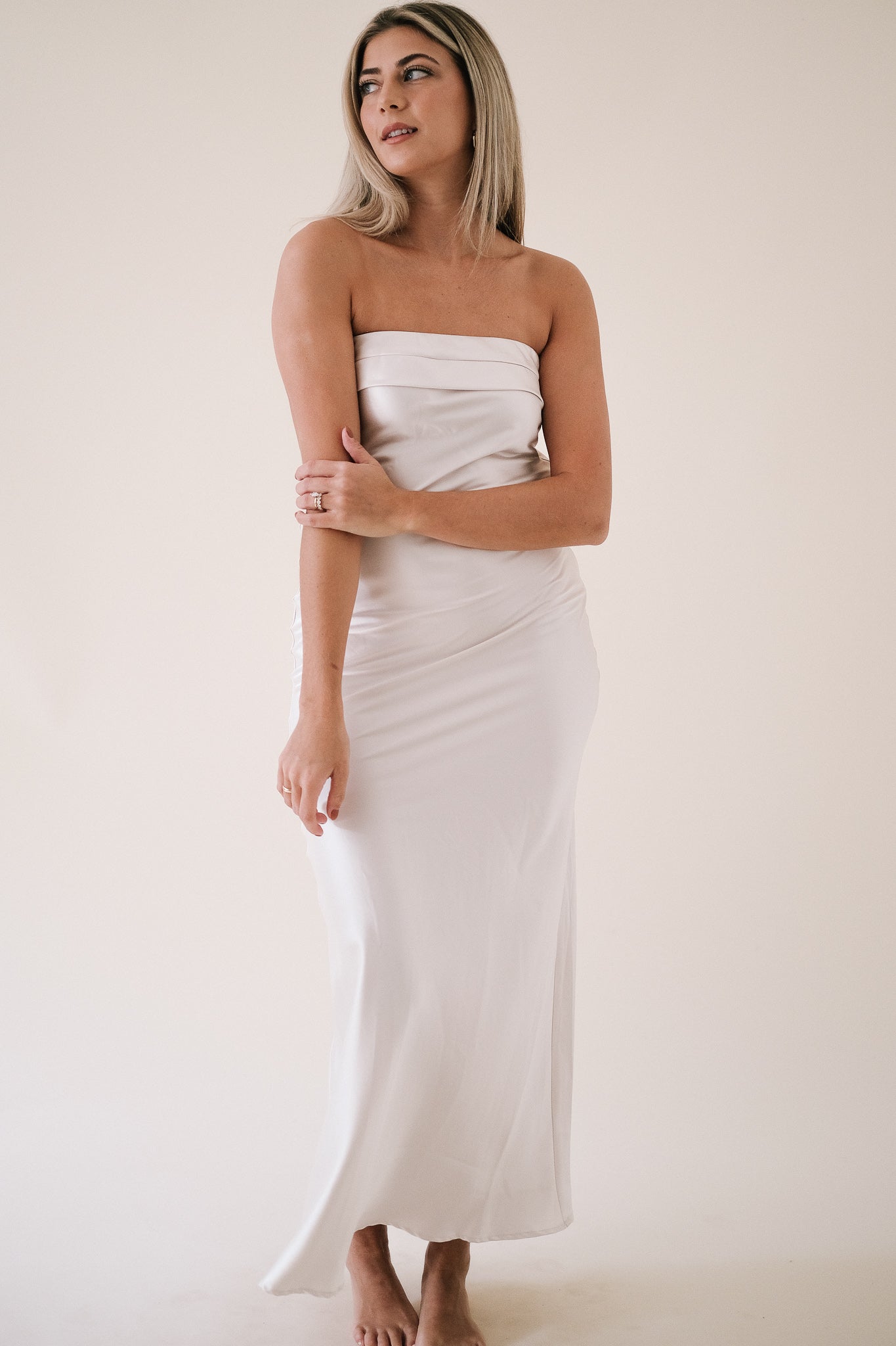 Yasmin Satin Strapless Cowl Drop Back Midi Dress (Ivory)