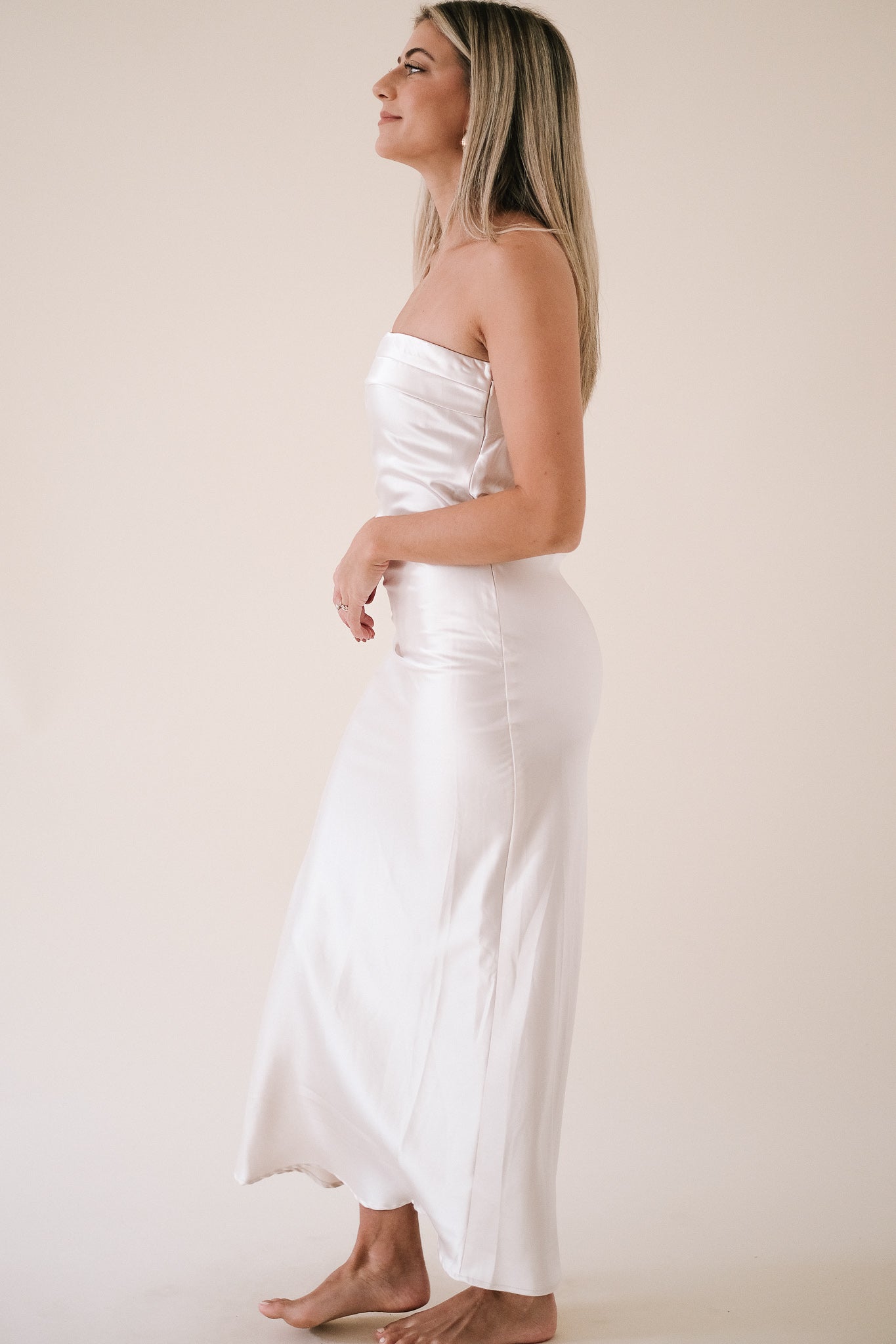 Yasmin Satin Strapless Cowl Drop Back Midi Dress (Ivory)