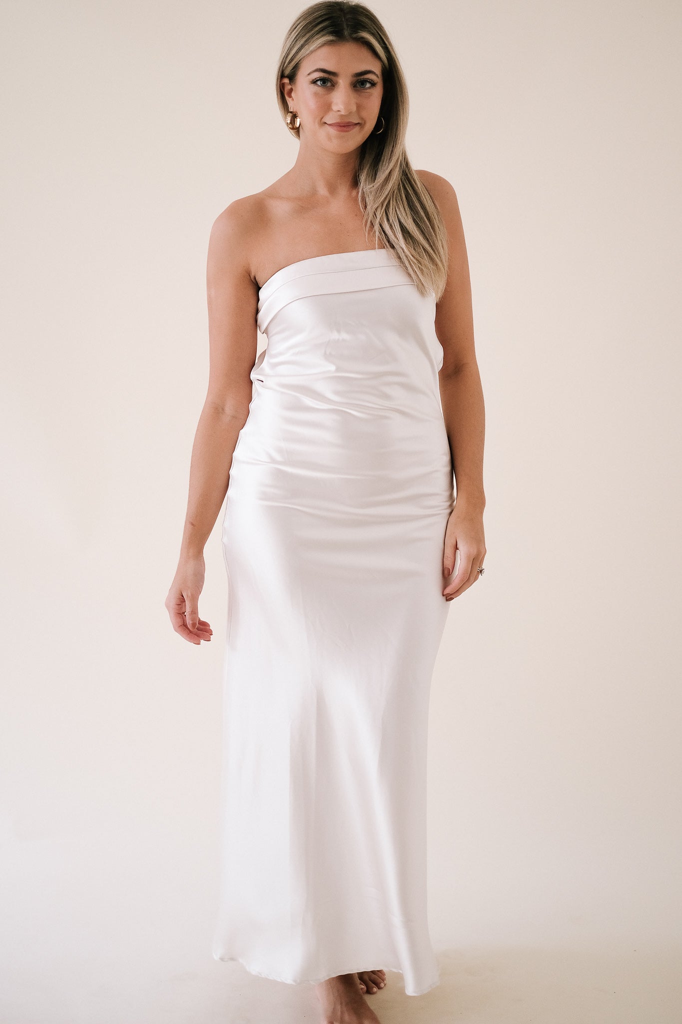 Yasmin Satin Strapless Cowl Drop Back Midi Dress (Ivory)