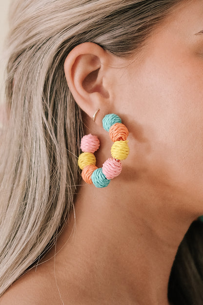 Rainbow Raffia Beaded Hoop Earrings
