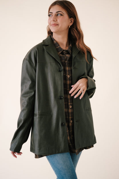 Emma Deep Olive Faux Leather Oversized Jacket