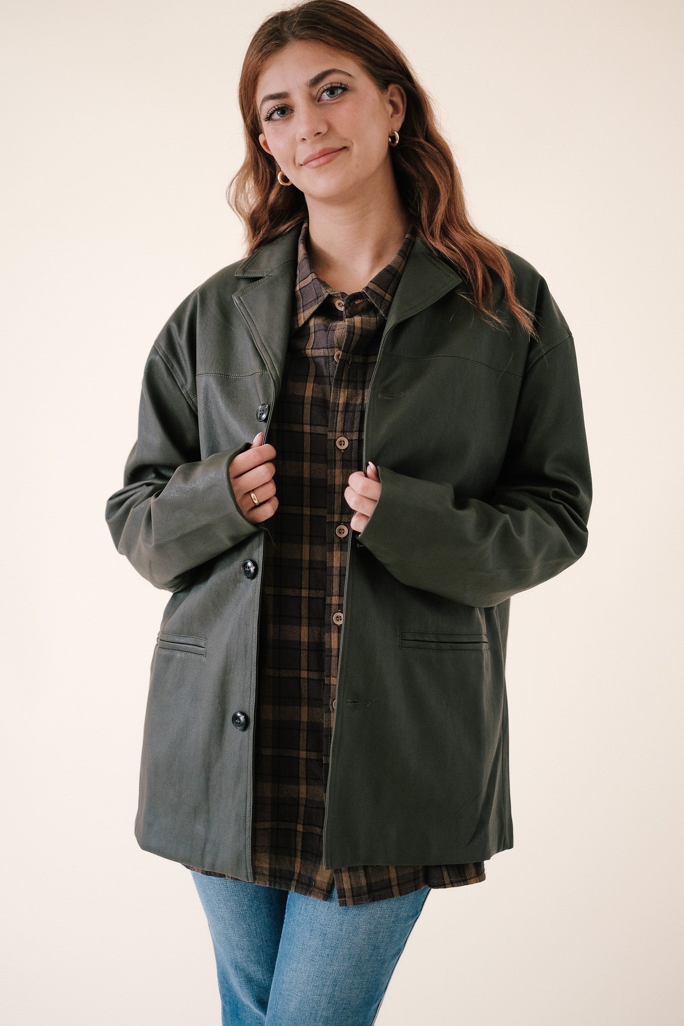 Emma Deep Olive Faux Leather Oversized Jacket