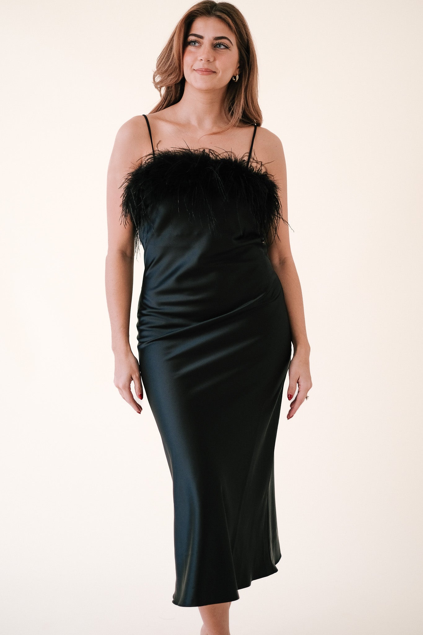 Lucy Paris Flora Feather Trimmed Slip Midi Dress (Black) M