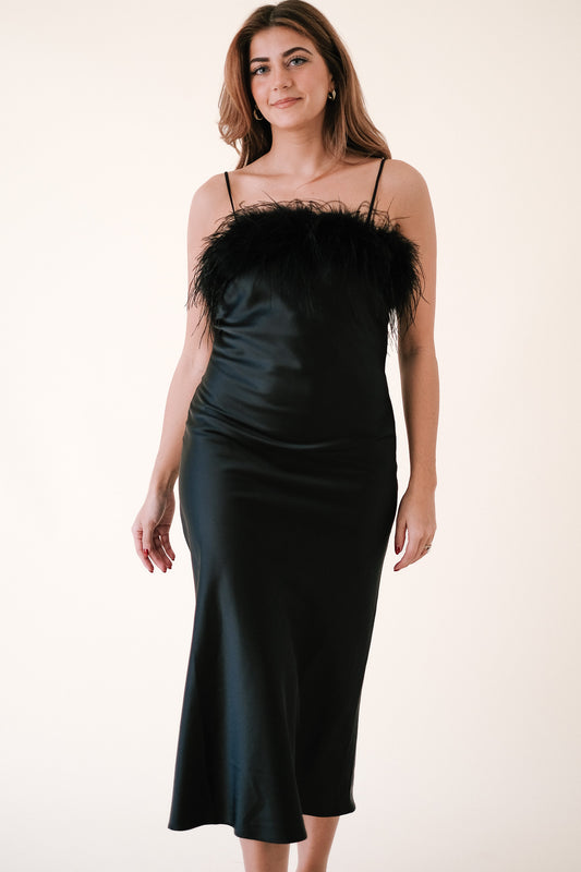 Lucy Paris Flora Feather Trimmed Slip Midi Dress (Black) M