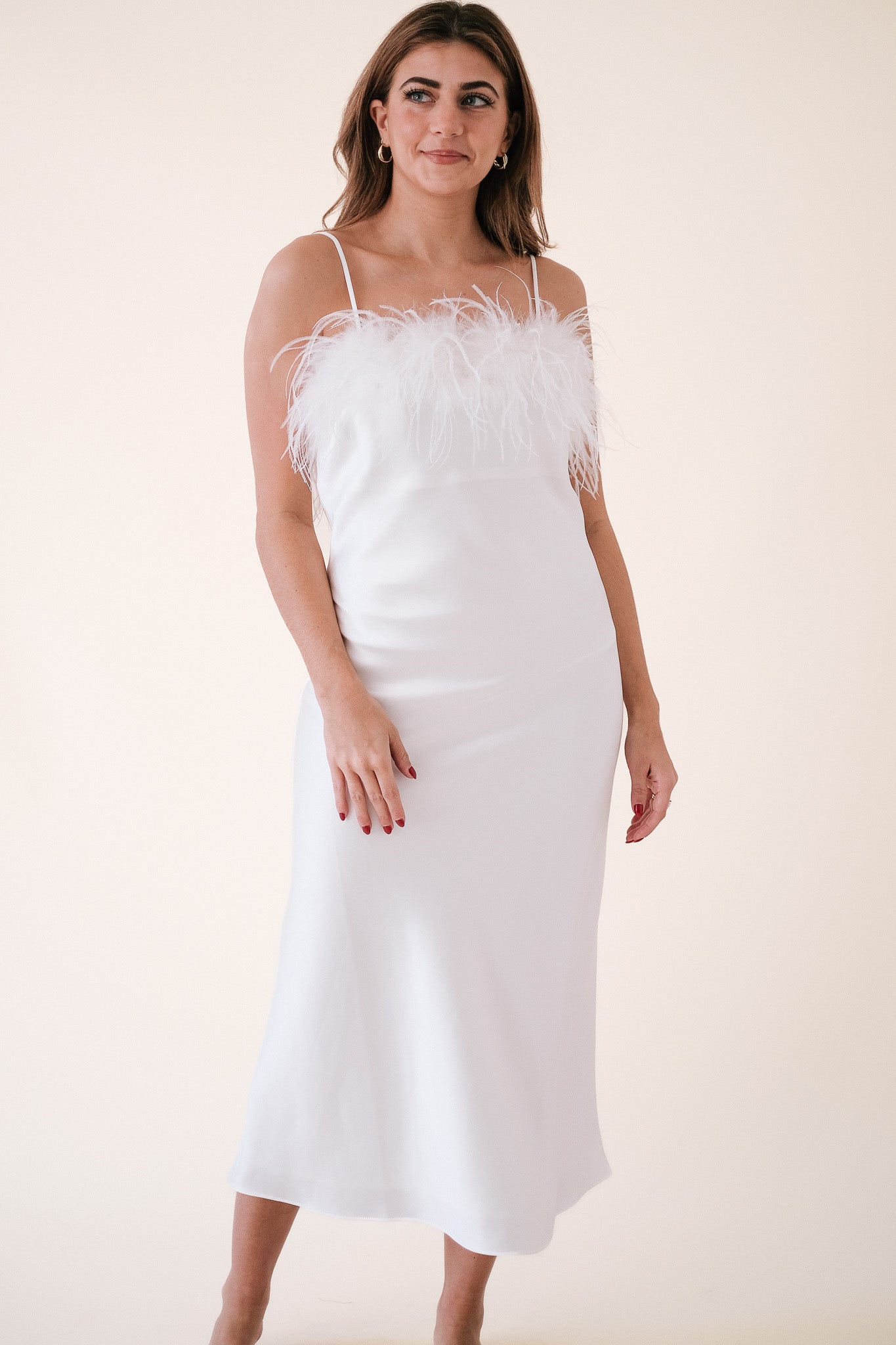 Lucy Paris Flora Feather Trimmed Slip Midi Dress (White)