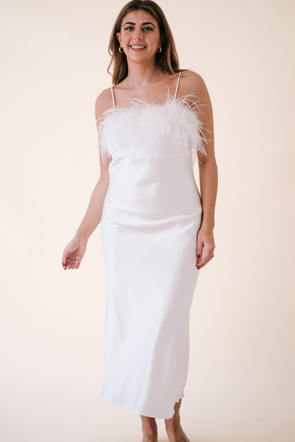 Lucy Paris Flora Feather Trimmed Slip Midi Dress (White)