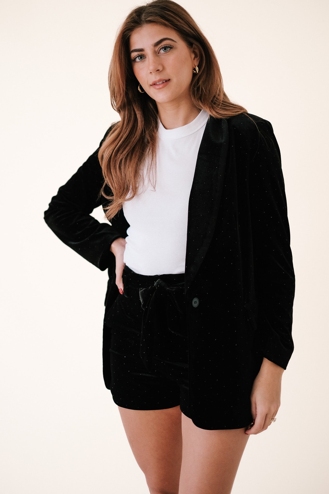 Molly Bracken Gemma Black Glitter Spotted Velvet Shorts (M)