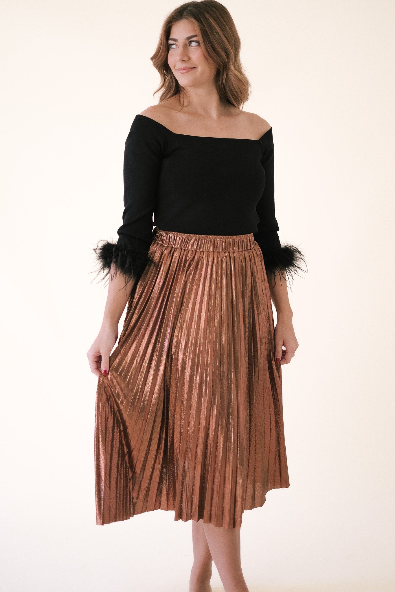 Molly Bracken Harmony Copper Foil Pleated Midi Skirt
