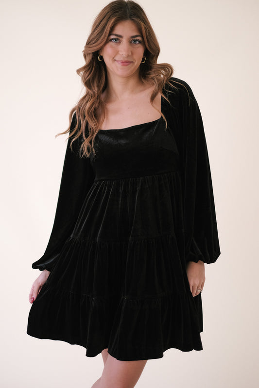 Lucy Paris Helena Black Velvet Mini Babydoll Dress (S)