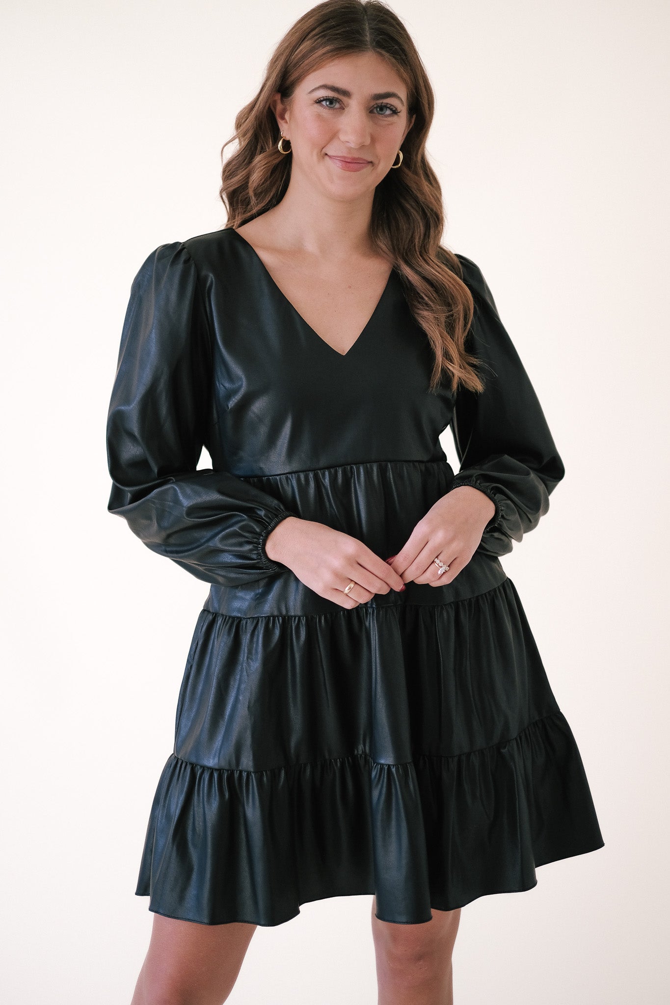 Lucy Paris Adler Black Faux Leather Tiered Mini Dress