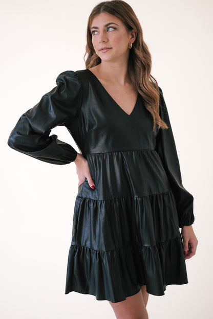 Lucy Paris Adler Black Faux Leather Tiered Mini Dress