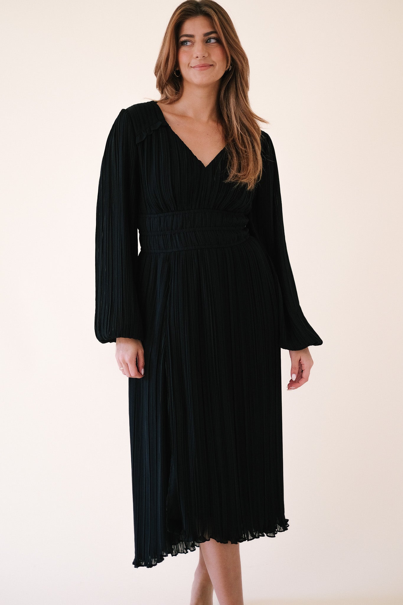 Current Air Helene Pleated V-neck Midi Dress (Black)