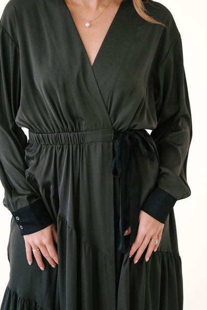 PINCH Isla Dark Olive Contrast Detail Midi Dress