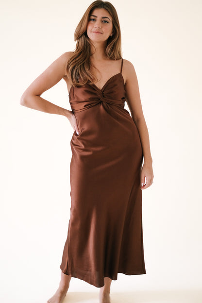 Imani Brown Satin Twisted Top Maxi Dress