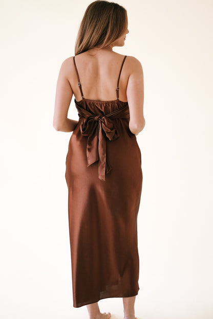 Imani Brown Satin Twisted Top Maxi Dress