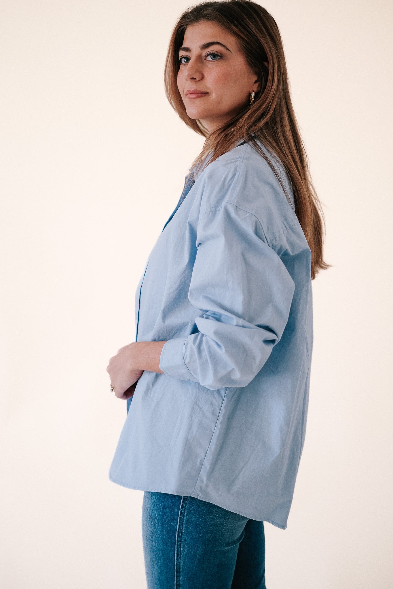 Lauren Cotton Mono Button Long Sleeve Top (Blue)