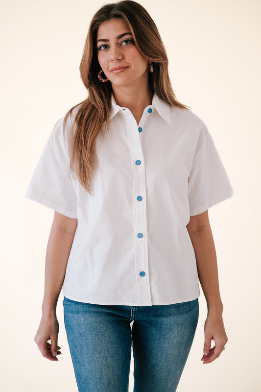 Lucy Cotton Short Sleeve Contrast Button Top (White)