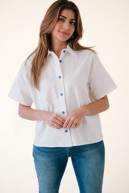 Lucy Cotton Short Sleeve Contrast Button Top (White)