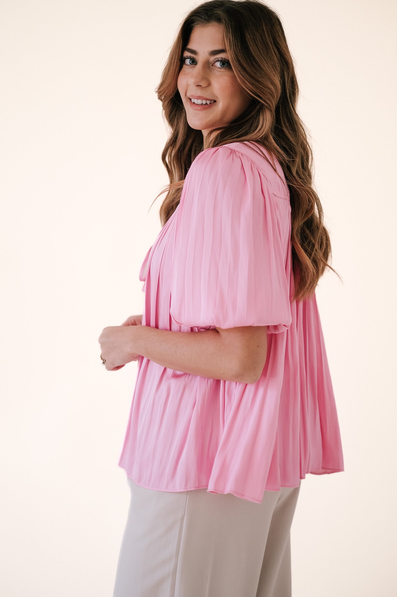 Current Air Mariah Pleated Puff Sleeve Blouse (Pink)