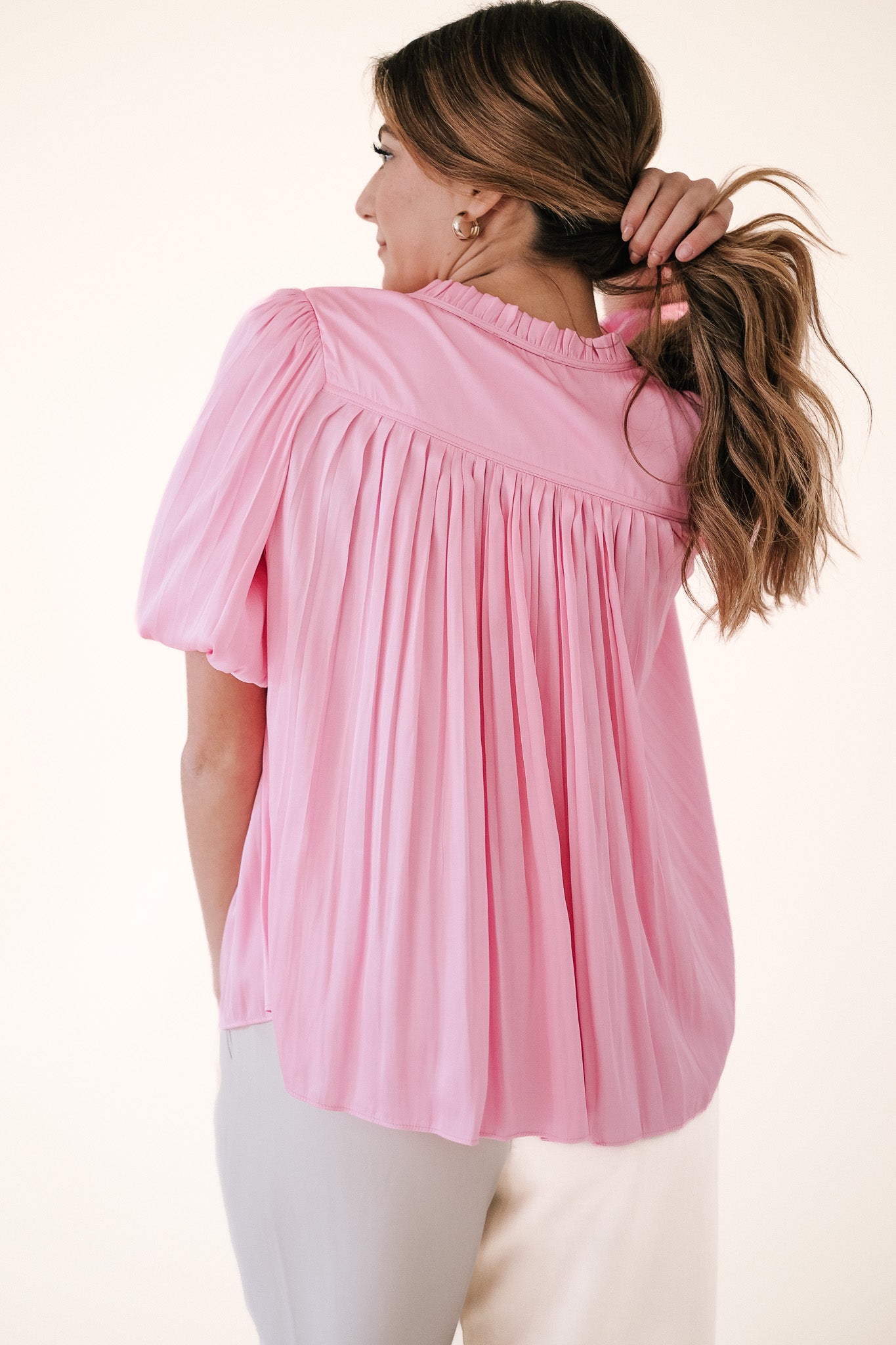 Current Air Mariah Pleated Puff Sleeve Blouse (Pink)