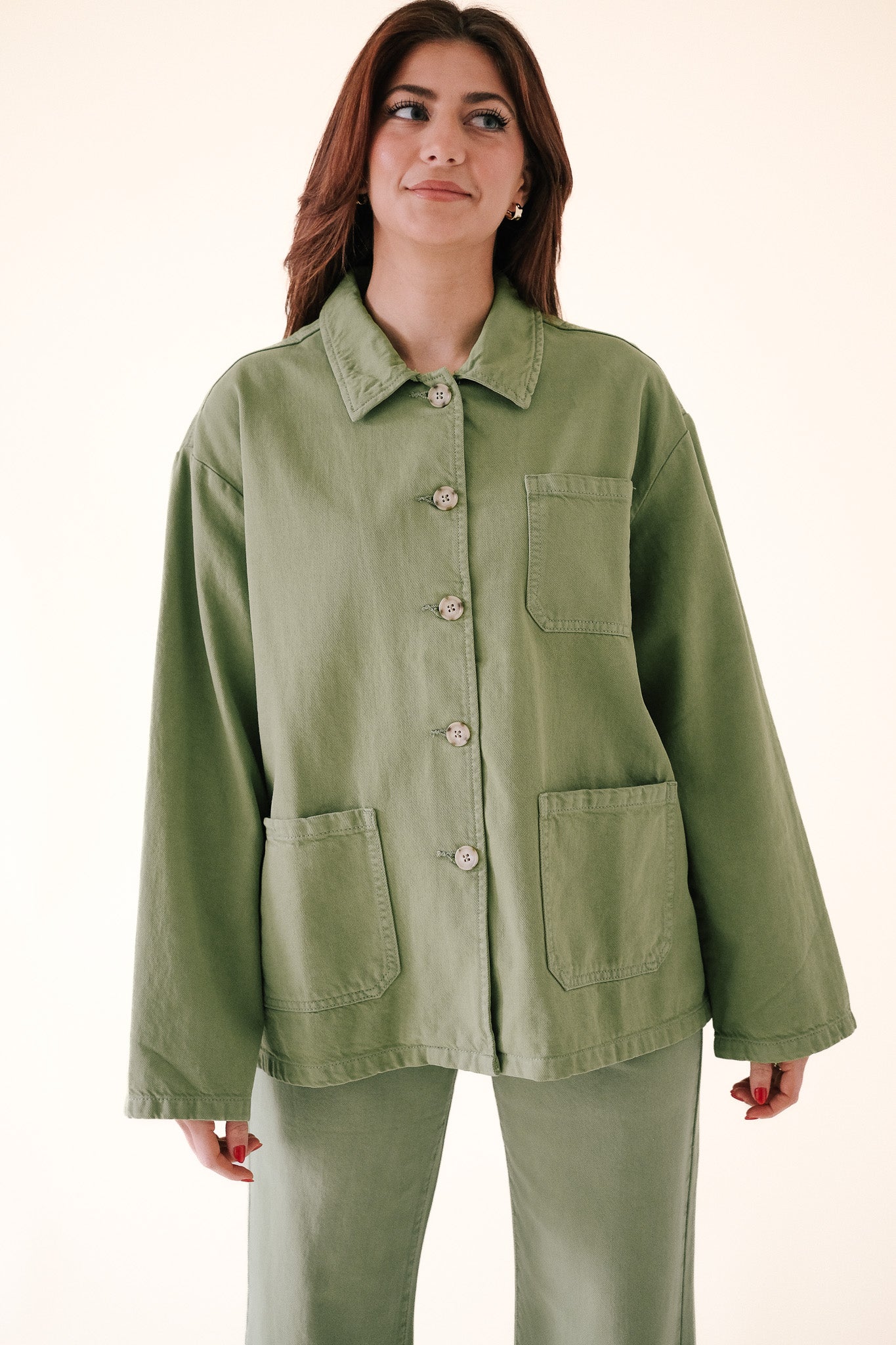 FRNCH Lais Green Patch Pocket Denim Chore Jacket Top