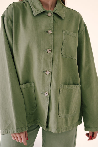 FRNCH Lais Green Patch Pocket Denim Chore Jacket Top