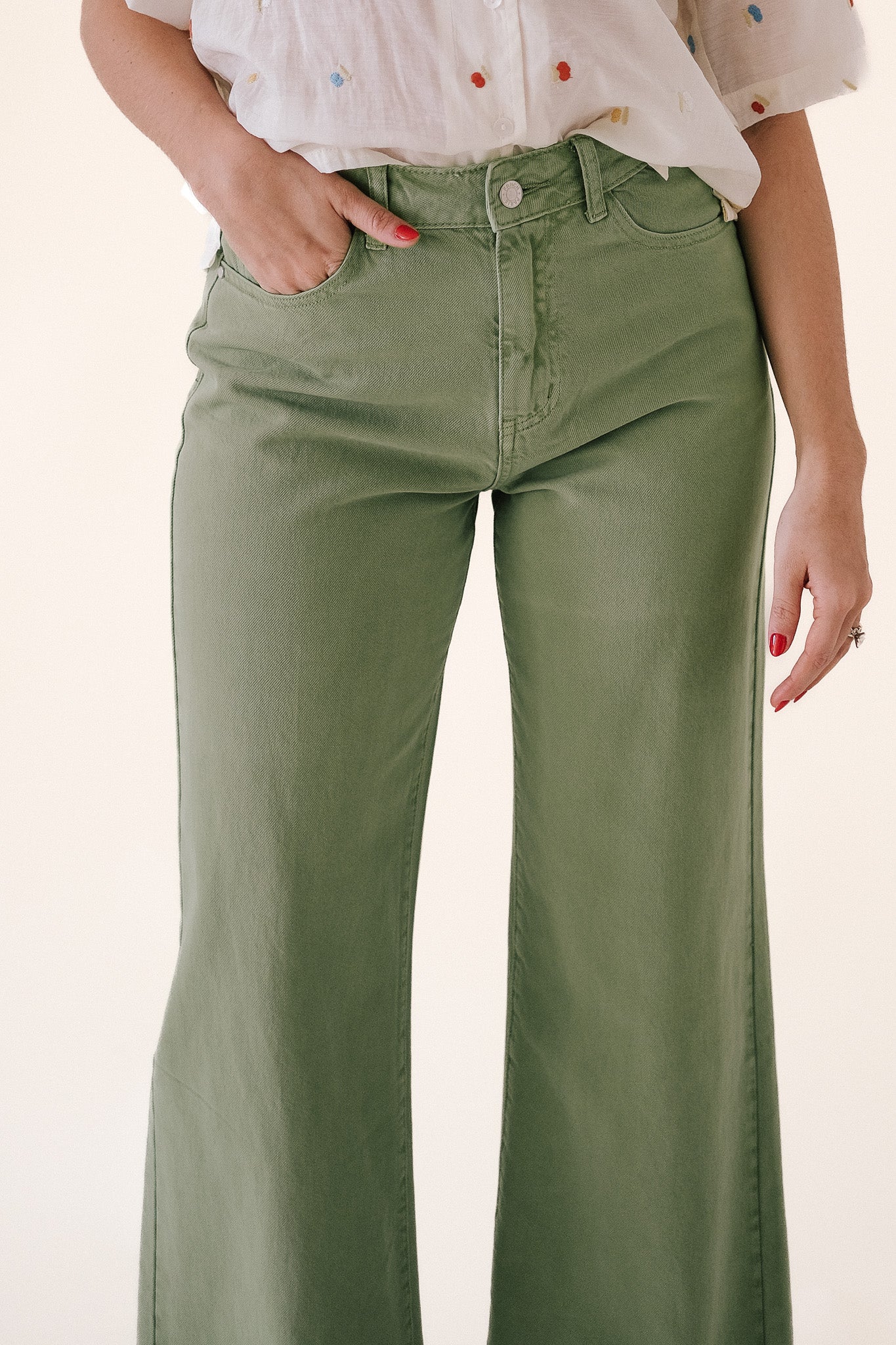 FRNCH Emma Wide Leg Denim Flare Pants (Green)