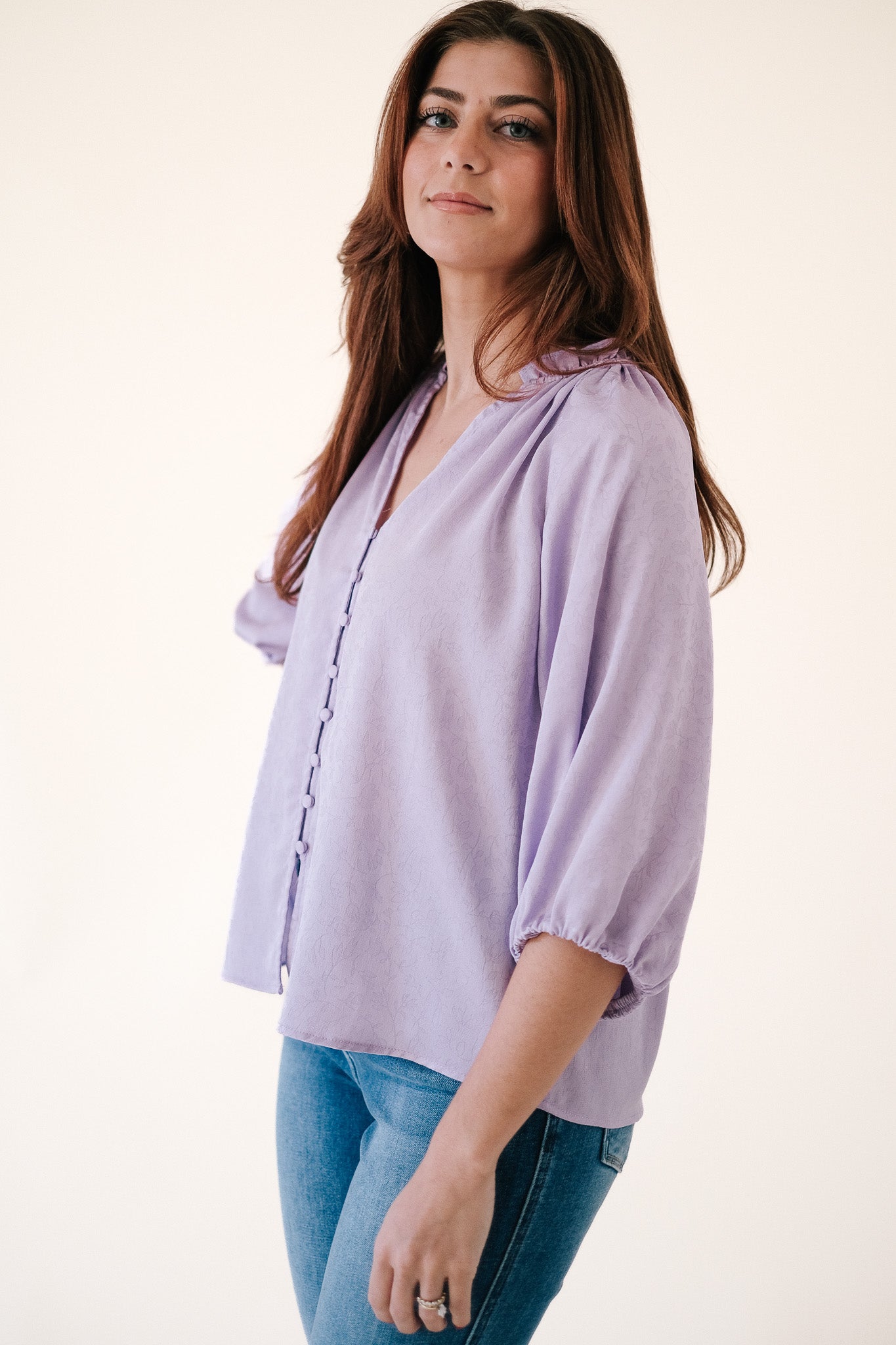 Current Air Penelope Ruffle Collar Button Blouse (Lilac)