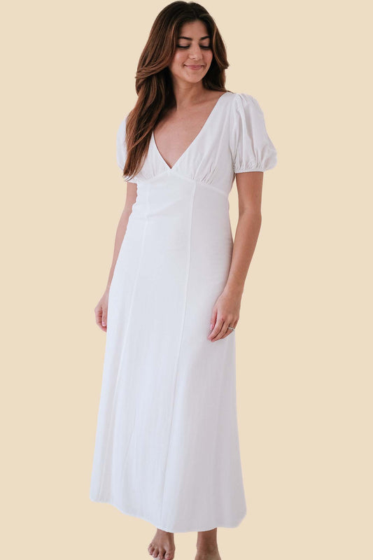 Summer Off White Puff Sleeve Empire Maxi Dress