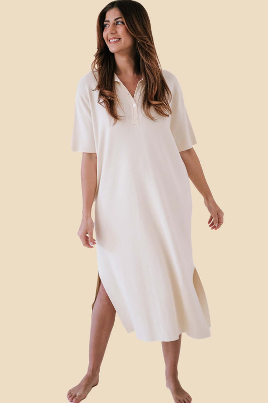 FRNCH Leona Fine Knit Oversized Polo Midi Dress (Cream)