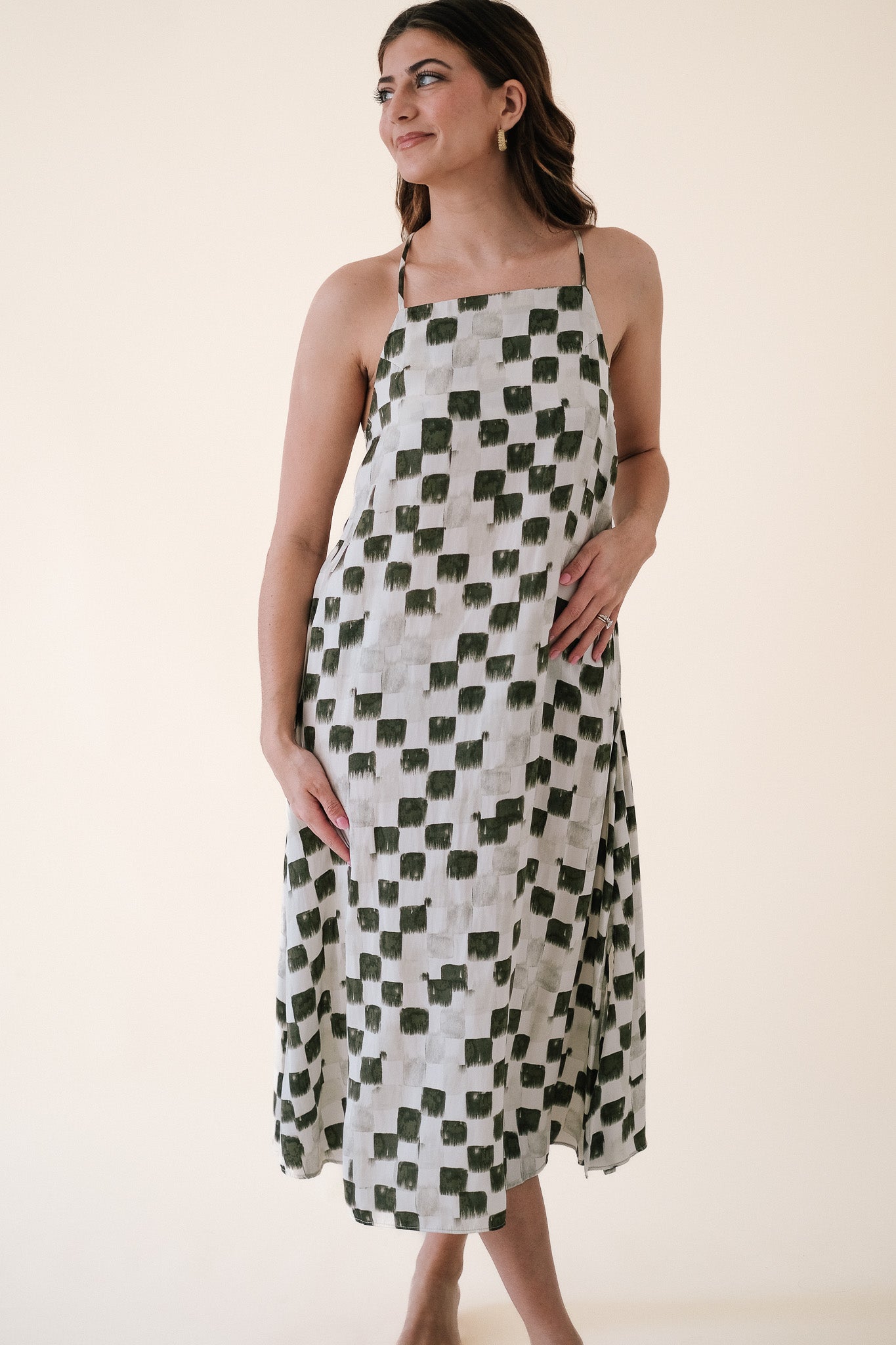 River Brushed Checker Print Satin Midi Dress (Olive)