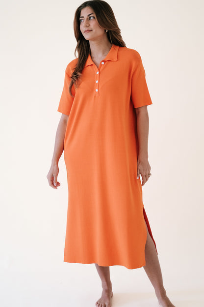 FRNCH Leona Fine Knit Oversized Polo Midi Dress (Orange)