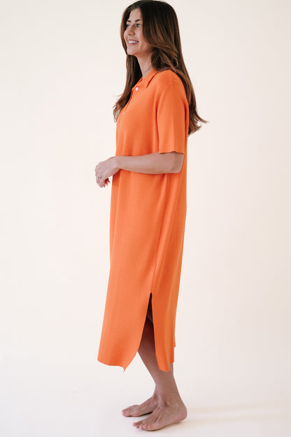 FRNCH Leona Fine Knit Oversized Polo Midi Dress (Orange)
