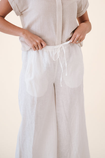 Selene Linen Wide Leg Drawstring Breezy Pants (White)