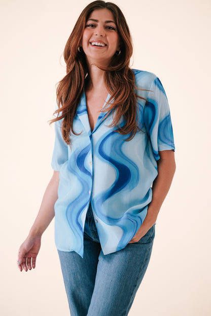 FRNCH Chelly Blue Haze Swirl Collared Button Top