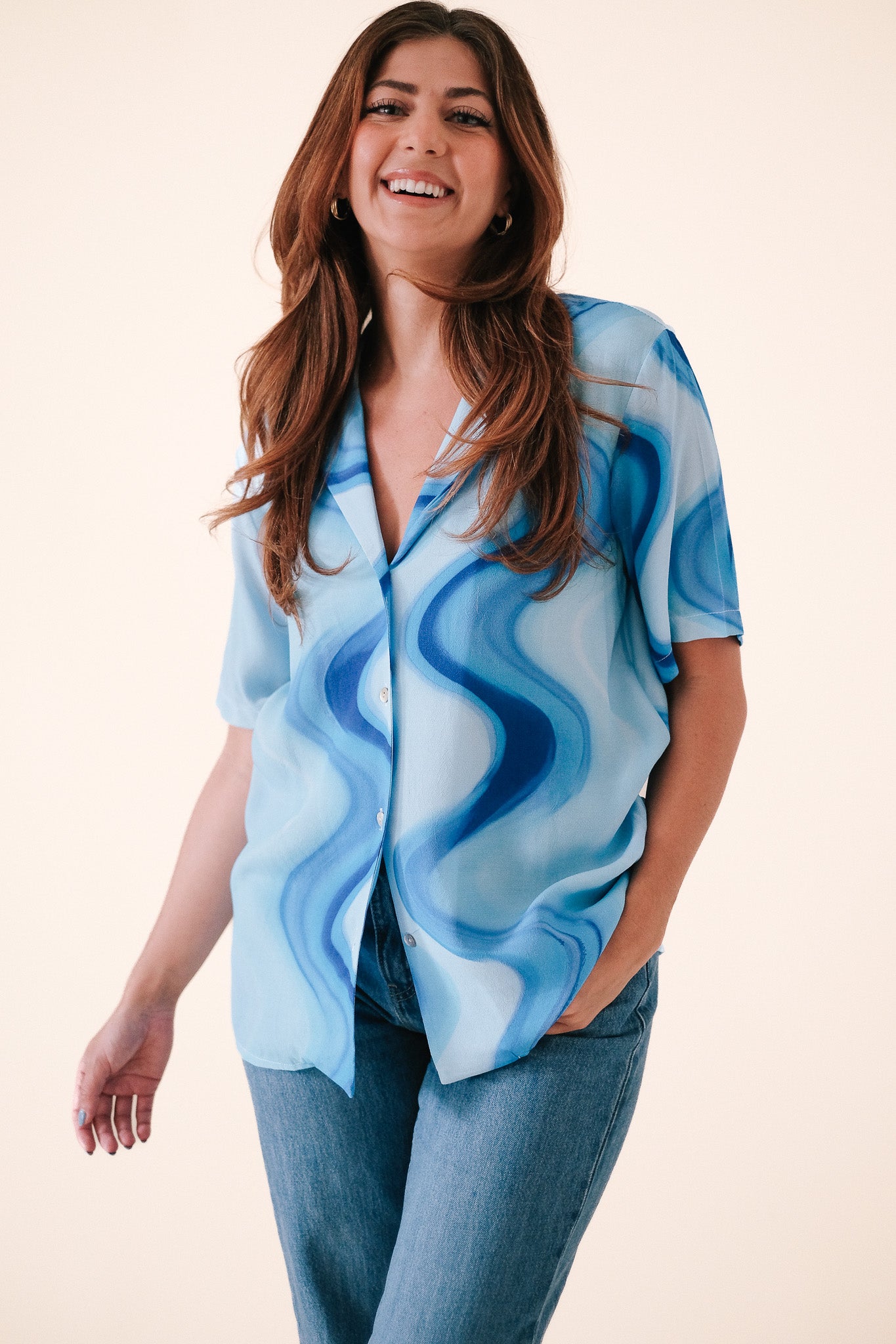 FRNCH Chelly Blue Haze Swirl Collared Button Top