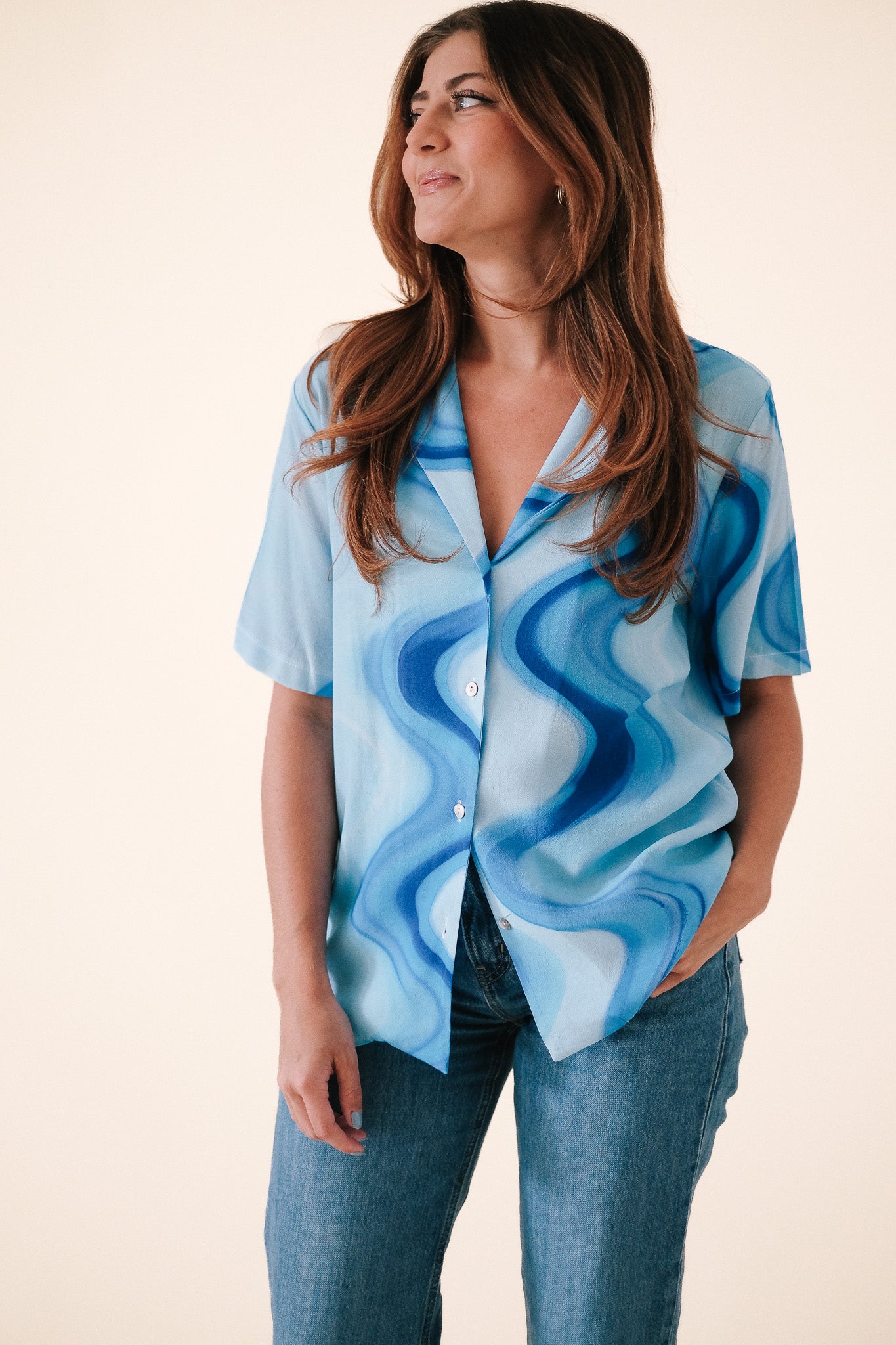 FRNCH Chelly Blue Haze Swirl Collared Button Top