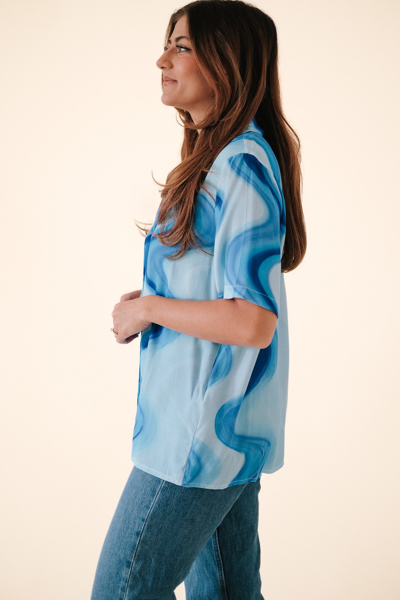 FRNCH Chelly Blue Haze Swirl Collared Button Top