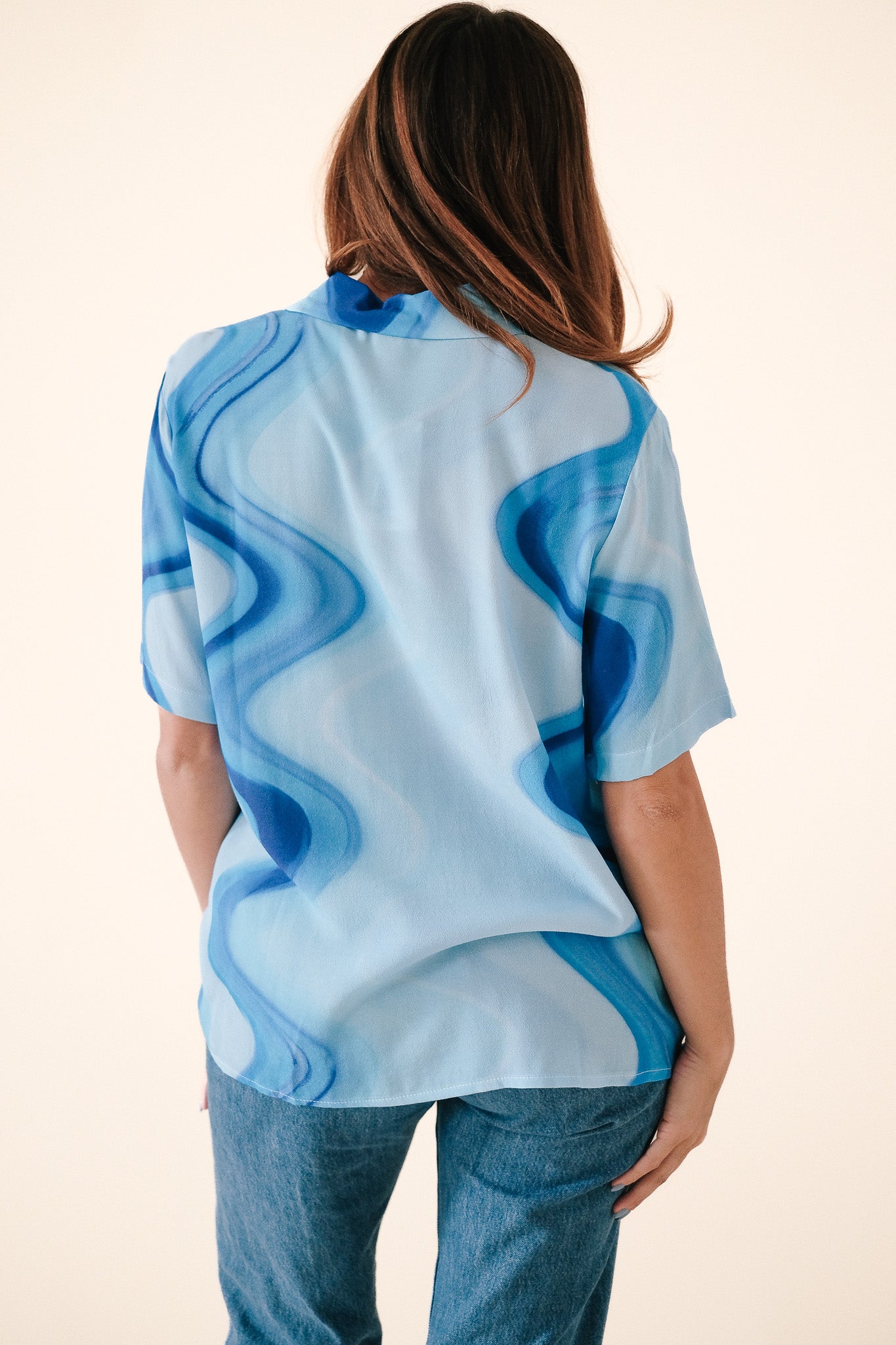 FRNCH Chelly Blue Haze Swirl Collared Button Top