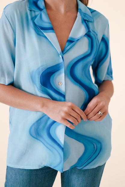 FRNCH Chelly Blue Haze Swirl Collared Button Top