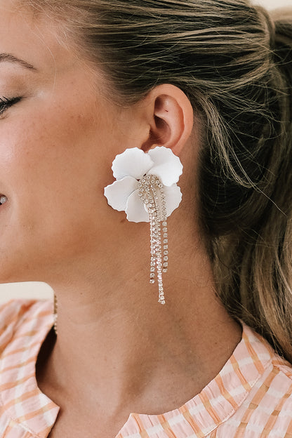 White Floral Rhinestone Tassel Earrings