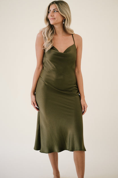 Lucy Paris Paulina Olive Satin Sleeveless Midi Dress (XS)
