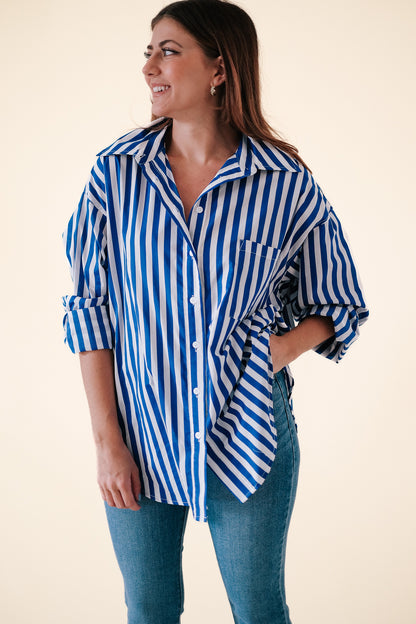 Lucy Paris Toni Oversized Long Sleeve Button Top (Blue Stripe)