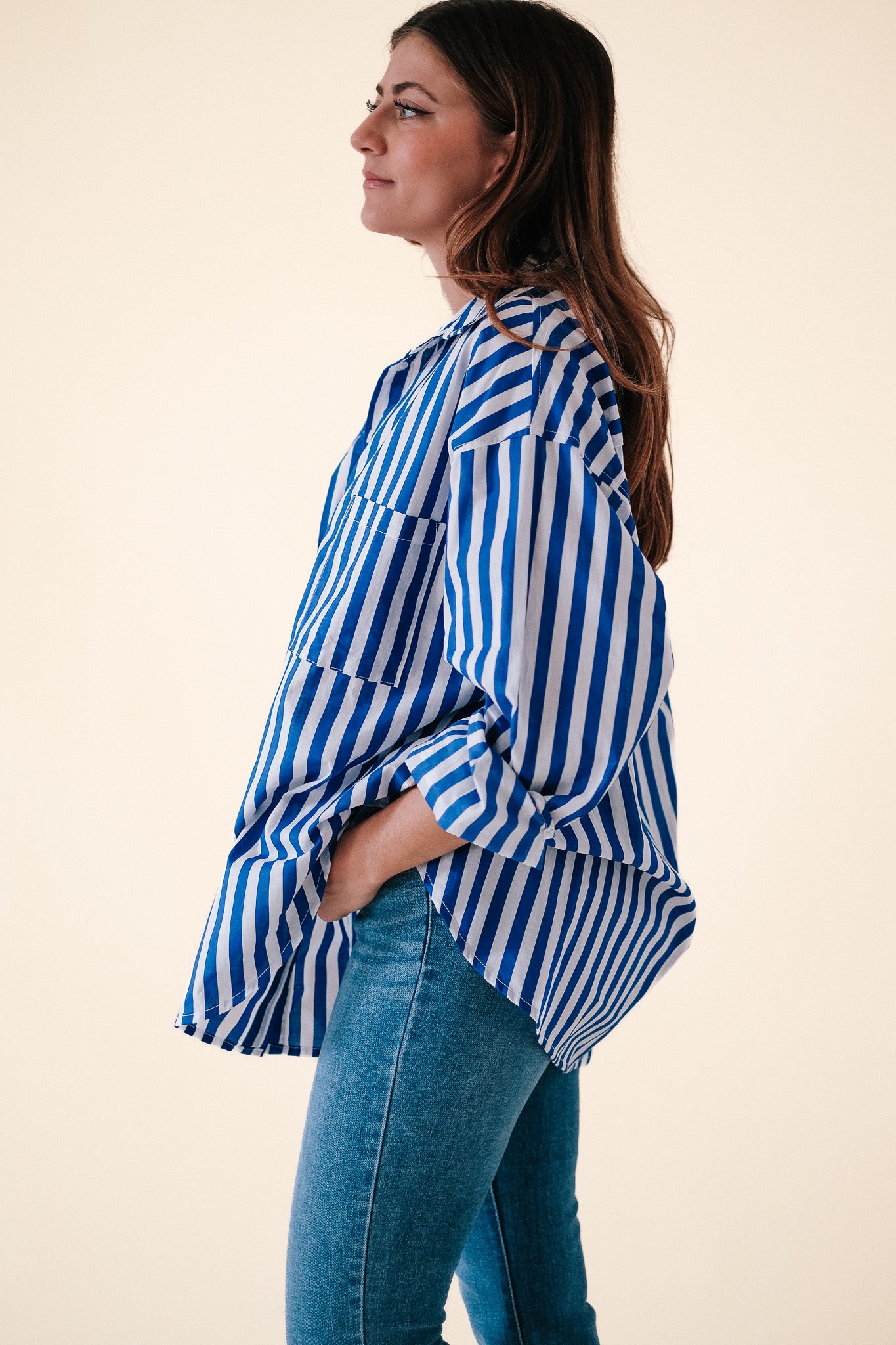 Lucy Paris Toni Oversized Long Sleeve Button Top (Blue Stripe)