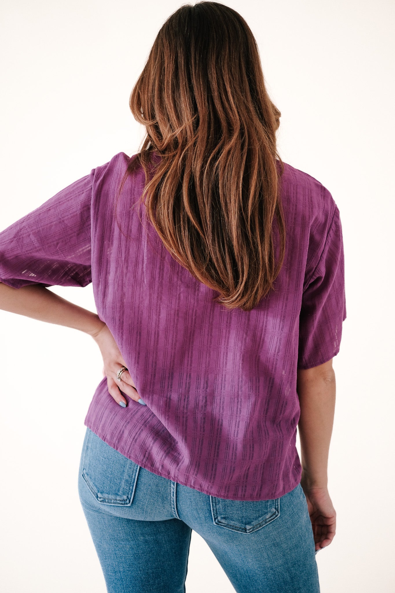 Needii Viola Purple Plaid Sheer Button Top
