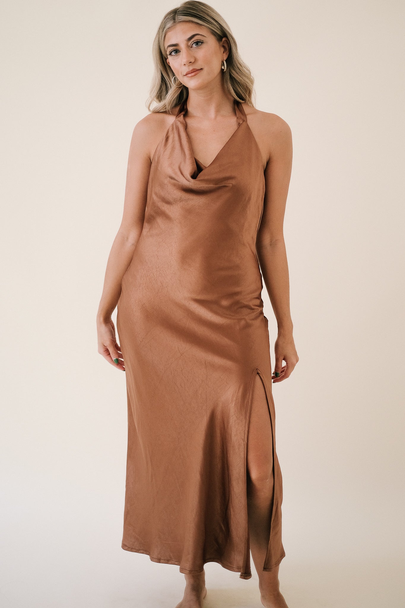 Jasmine Satin Halter Midi Dress (Copper)